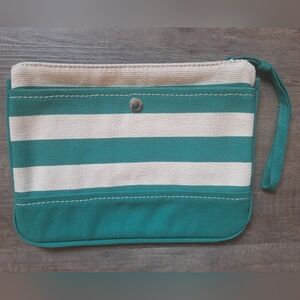 Lands End cotton canvas green and white striped wristlet with credit card slots